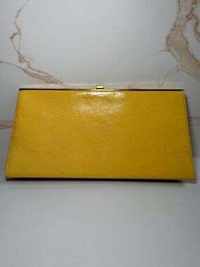 Vintage Block Yellow Structured Clutch Purse Gold Frame Top Handle Retro